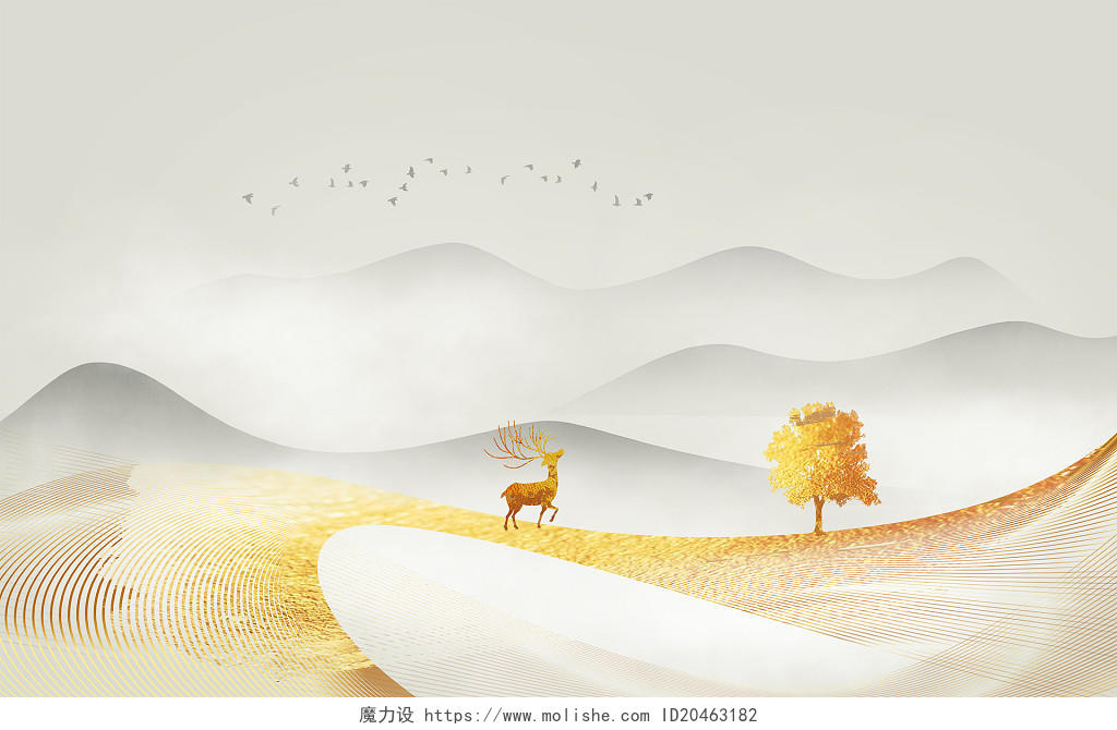 手绘古风中国风金色线条山水古风山水插画海报背景